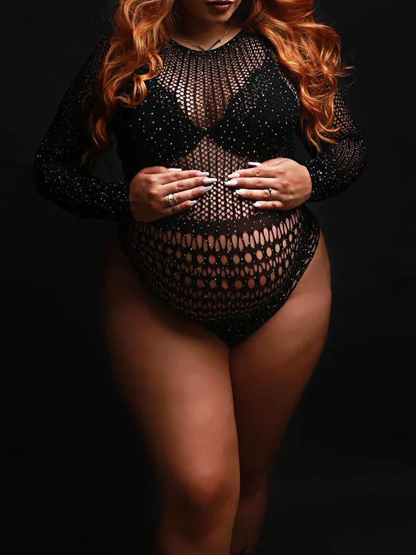 Momnfancy Black Knitting Sheer Cut Out Photoshoot Short Jumpsuit Maternity Bodysuit