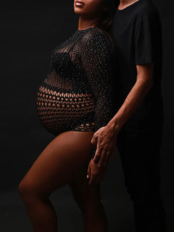 Momnfancy Black Knitting Sheer Cut Out Photoshoot Short Jumpsuit Maternity Bodysuit