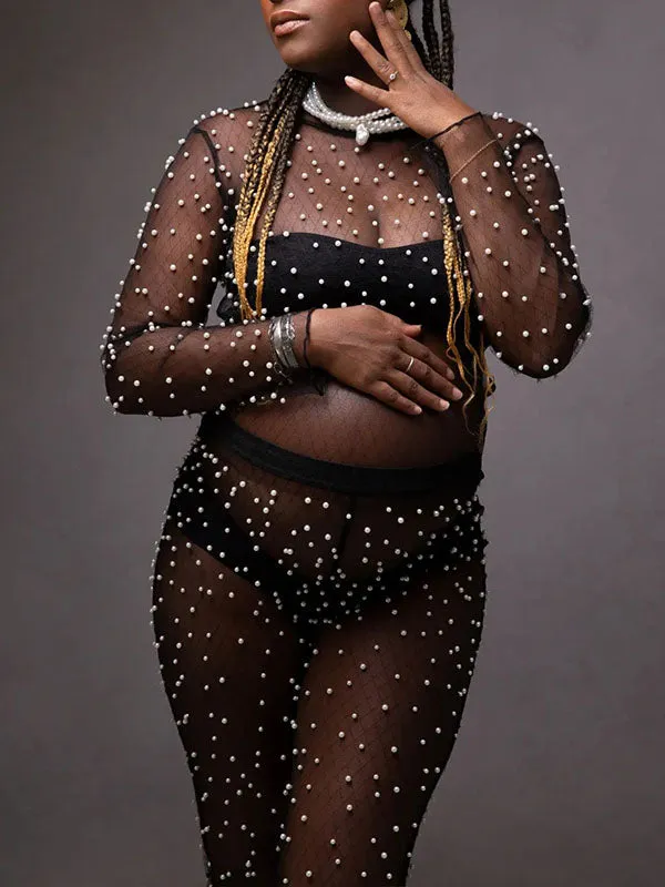 Momnfancy Black Patchwork Pearl Mesh 2-in-1 Long Sleeve High Waisted Fashion Baby Shower Photoshoot Maternity Long Jumpsuit