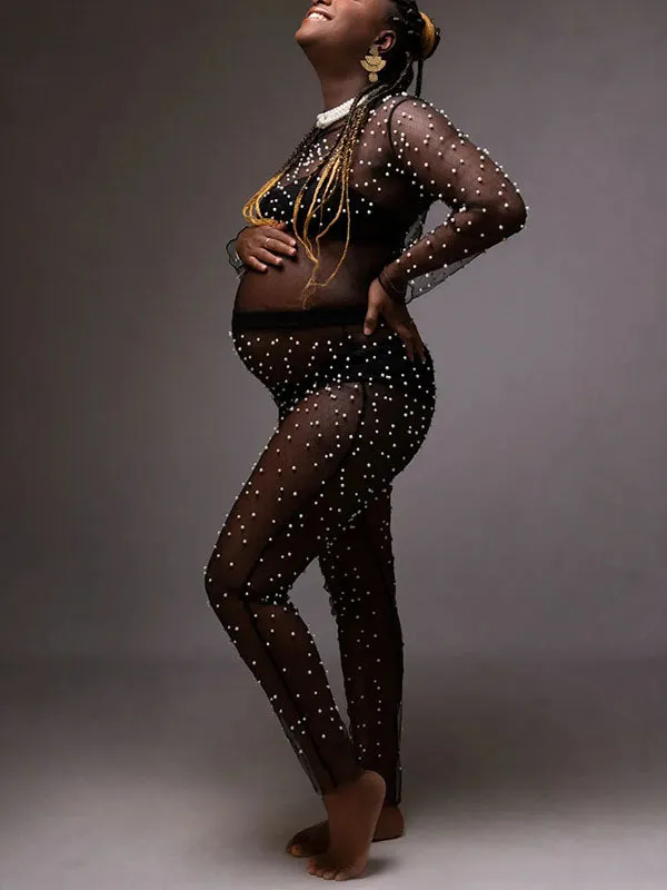 Momnfancy Black Patchwork Pearl Mesh 2-in-1 Long Sleeve High Waisted Fashion Baby Shower Photoshoot Maternity Long Jumpsuit