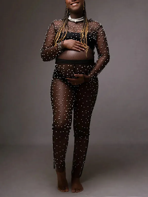 Momnfancy Black Patchwork Pearl Mesh 2-in-1 Long Sleeve High Waisted Fashion Baby Shower Photoshoot Maternity Long Jumpsuit