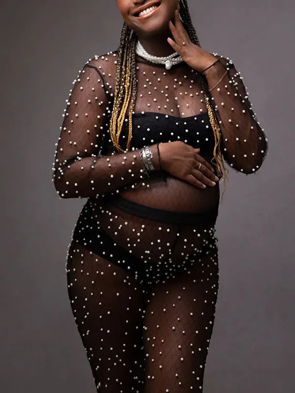 Momnfancy Black Patchwork Pearl Mesh 2-in-1 Long Sleeve High Waisted Fashion Baby Shower Photoshoot Maternity Long Jumpsuit
