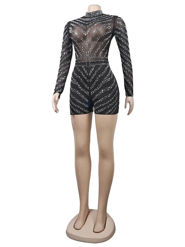 Momnfancy Black Sheer Rhinestone Mesh Diamonds High Neck Bodycon Plus Size Chic Maternity Photoshoot Baby Shower Party Short Jumpsuit
