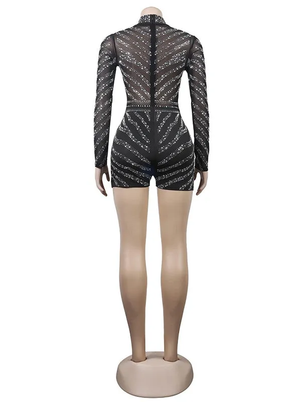 Momnfancy Black Sheer Rhinestone Mesh Diamonds High Neck Bodycon Plus Size Chic Maternity Photoshoot Baby Shower Party Short Jumpsuit