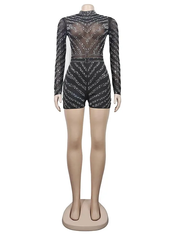 Momnfancy Black Sheer Rhinestone Mesh Diamonds High Neck Bodycon Plus Size Chic Maternity Photoshoot Baby Shower Party Short Jumpsuit