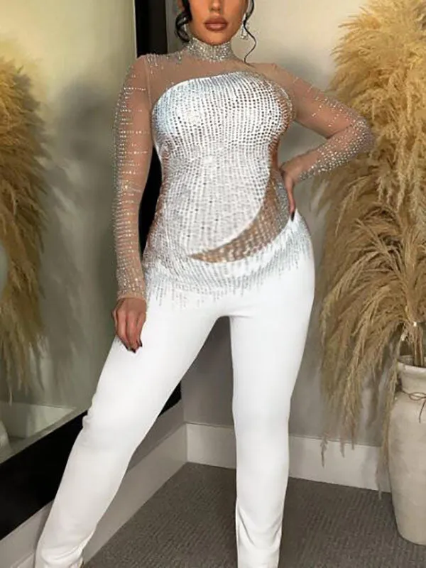 Momnfancy White Patchwork Grenadine Rhinestone Mesh Bodycon Wedding Guest Party Pregnancy Maternity Long Jumpsuit