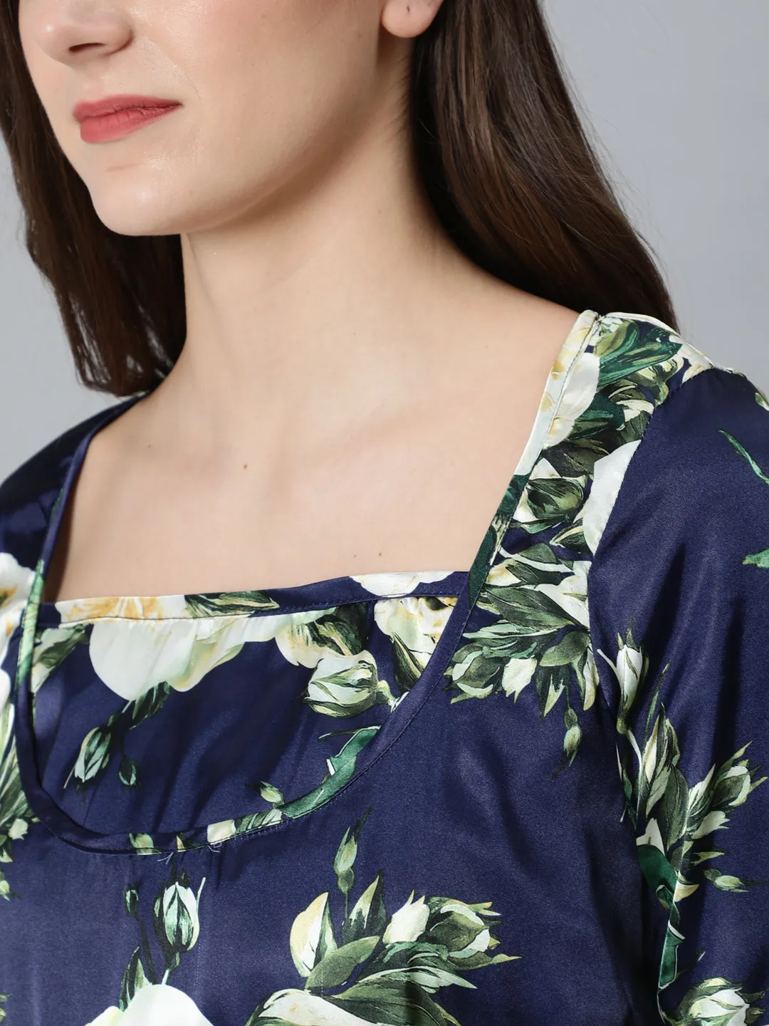 Navy Blue Floral Print Maternity Dress