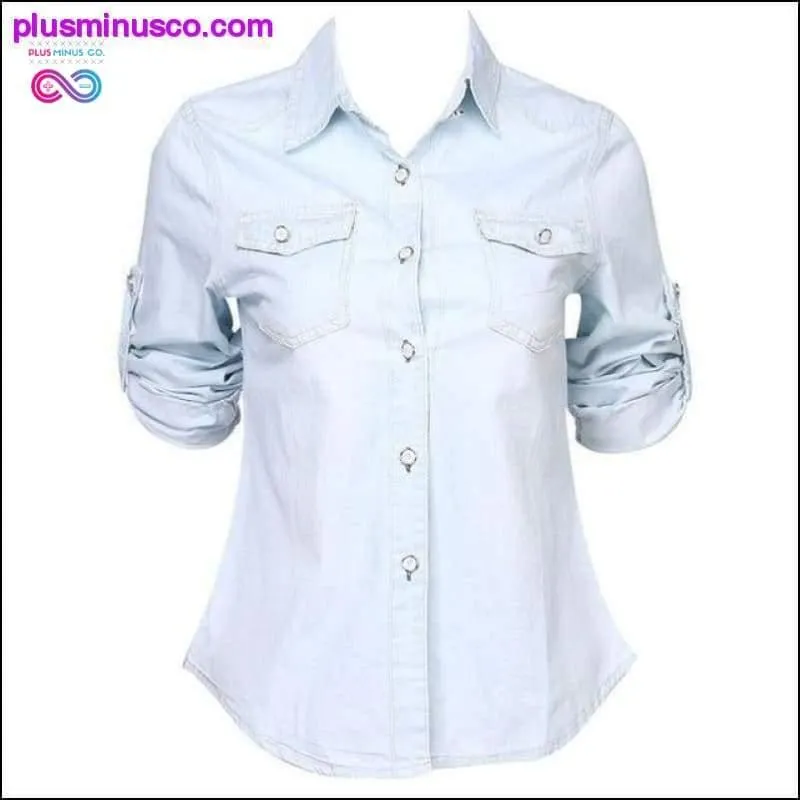New Women Denim Blouses Vintage Long Cuffs Sleeve Washed