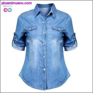 New Women Denim Blouses Vintage Long Cuffs Sleeve Washed