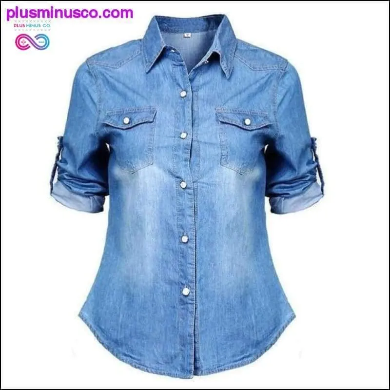 New Women Denim Blouses Vintage Long Cuffs Sleeve Washed