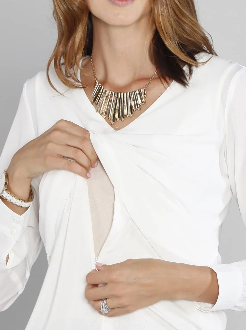 Nursing Top－Layered Chiffon Breastfeeding Blouse - White