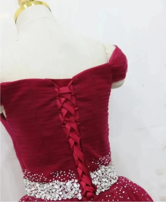 Off the Shoulder Tulle Beaded Long Red Prom Dresses Lace Up