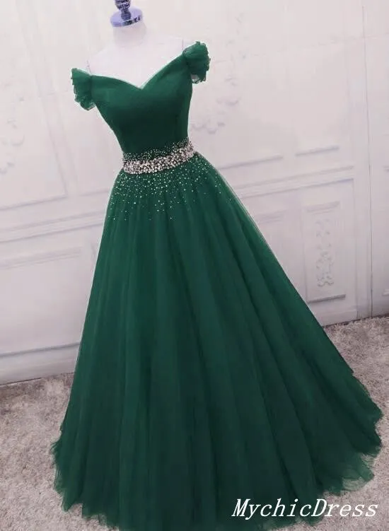 Off the Shoulder Tulle Beaded Long Red Prom Dresses Lace Up