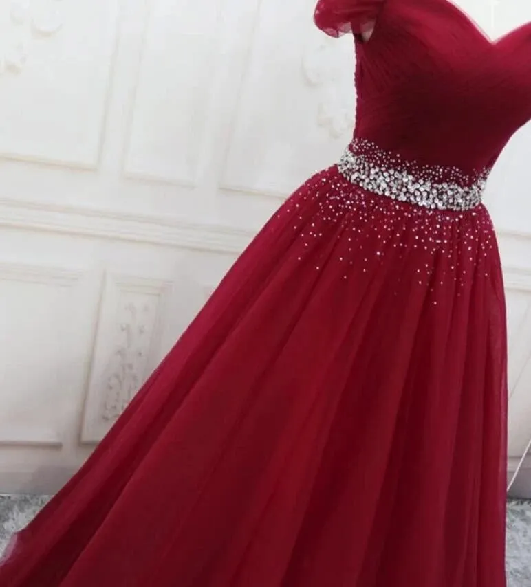 Off the Shoulder Tulle Beaded Long Red Prom Dresses Lace Up