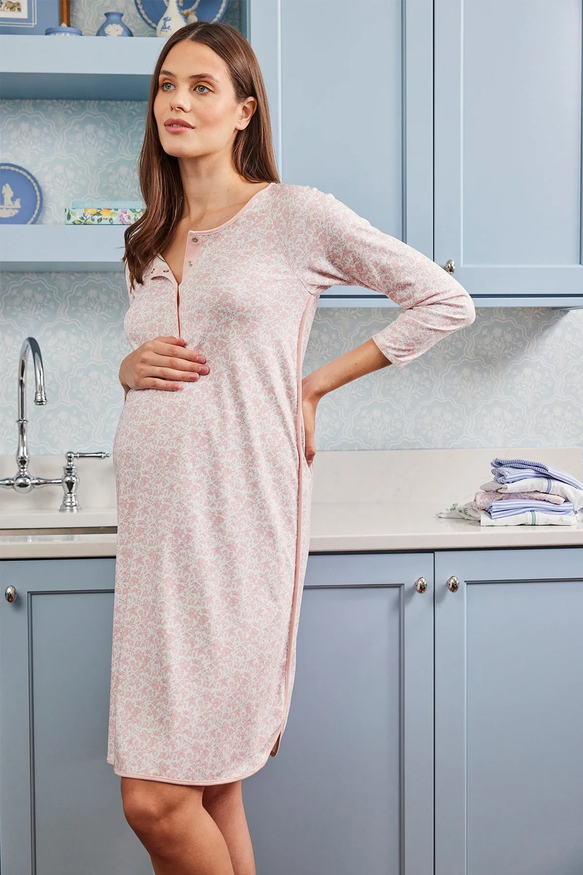 Pima Maternity Long Sleeve Nightgown in English Rose Garden Floral