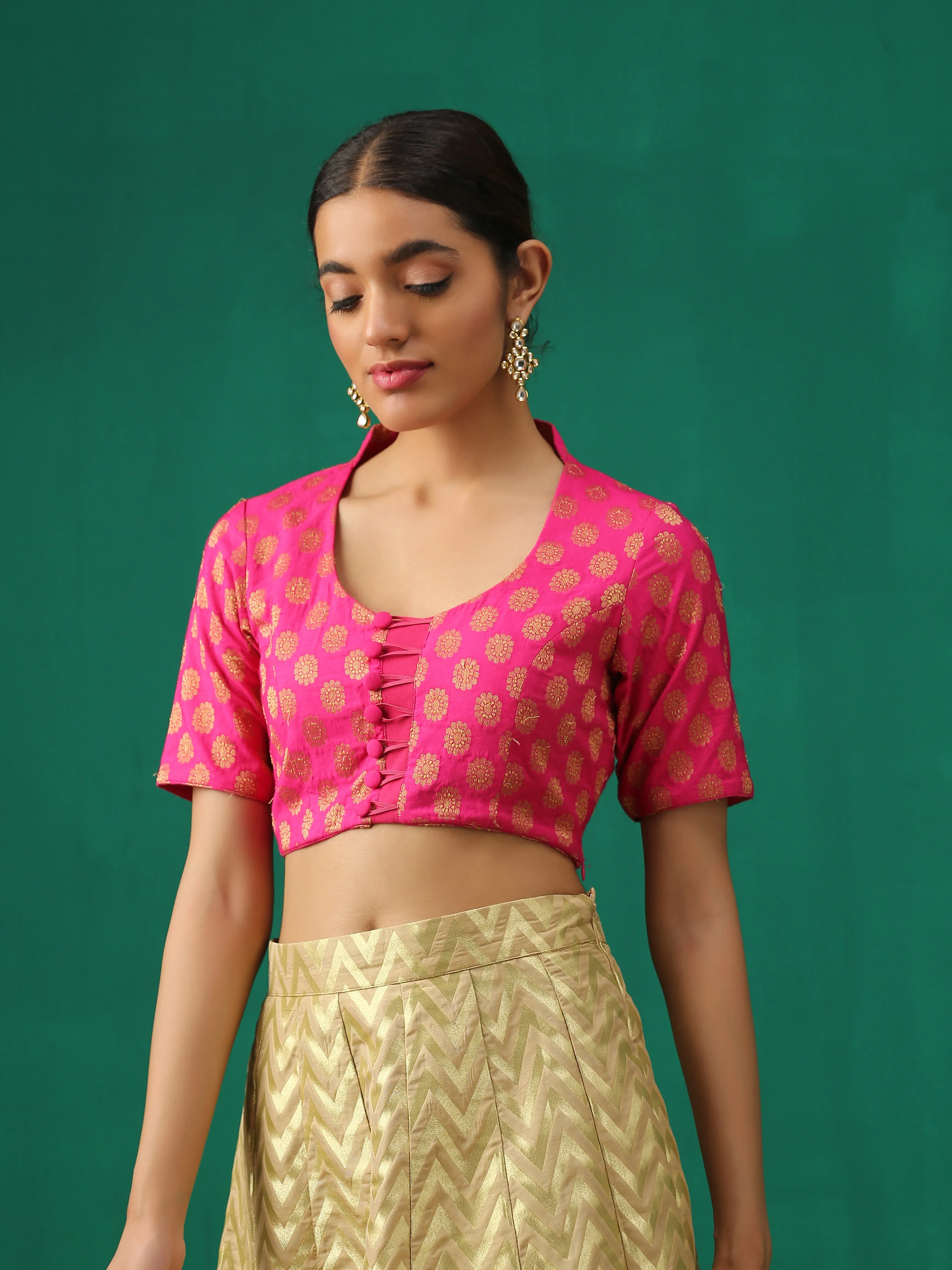 Pink Elegance Brocade Blouse with Elastic Loops