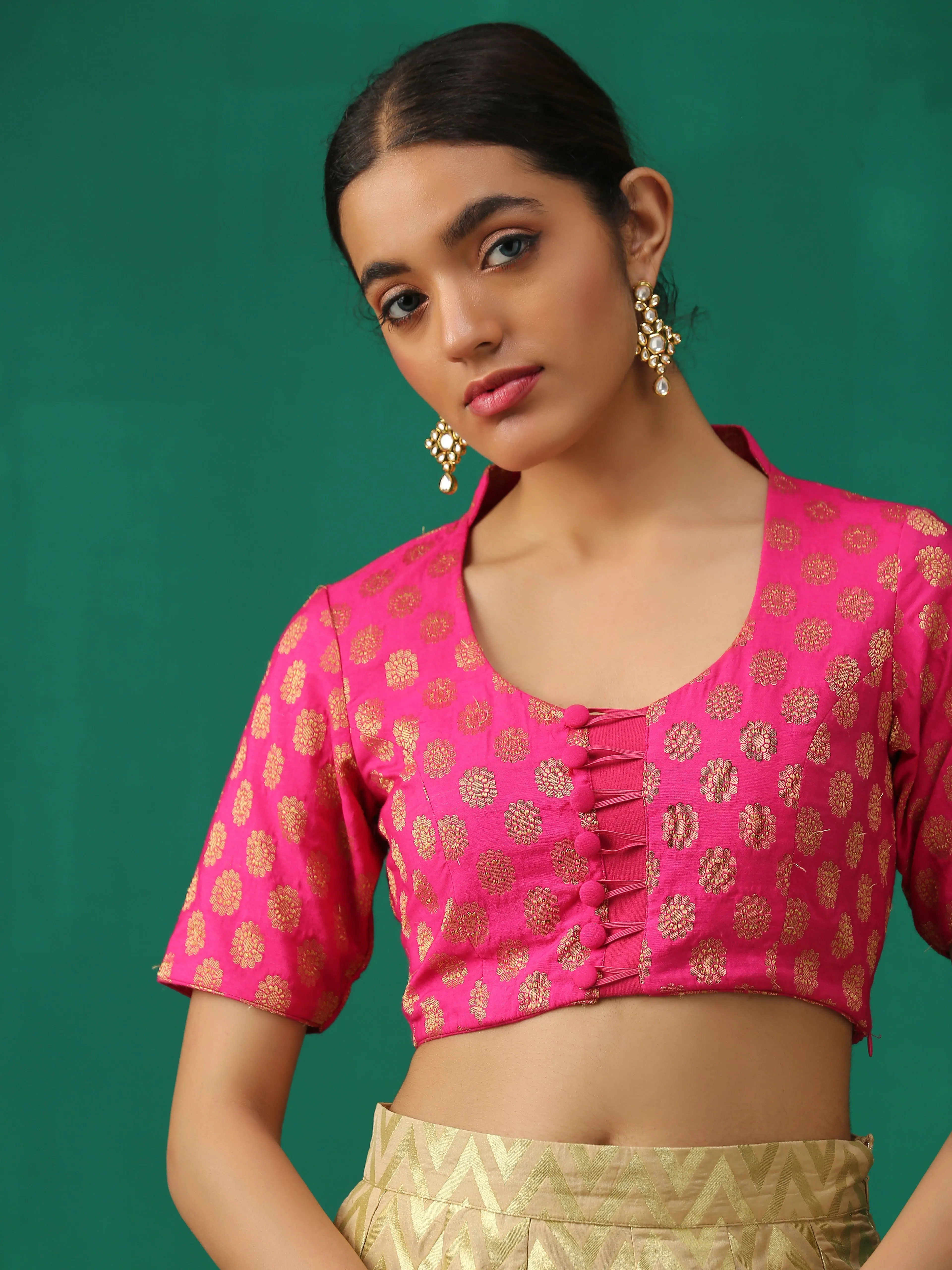 Pink Elegance Brocade Blouse with Elastic Loops