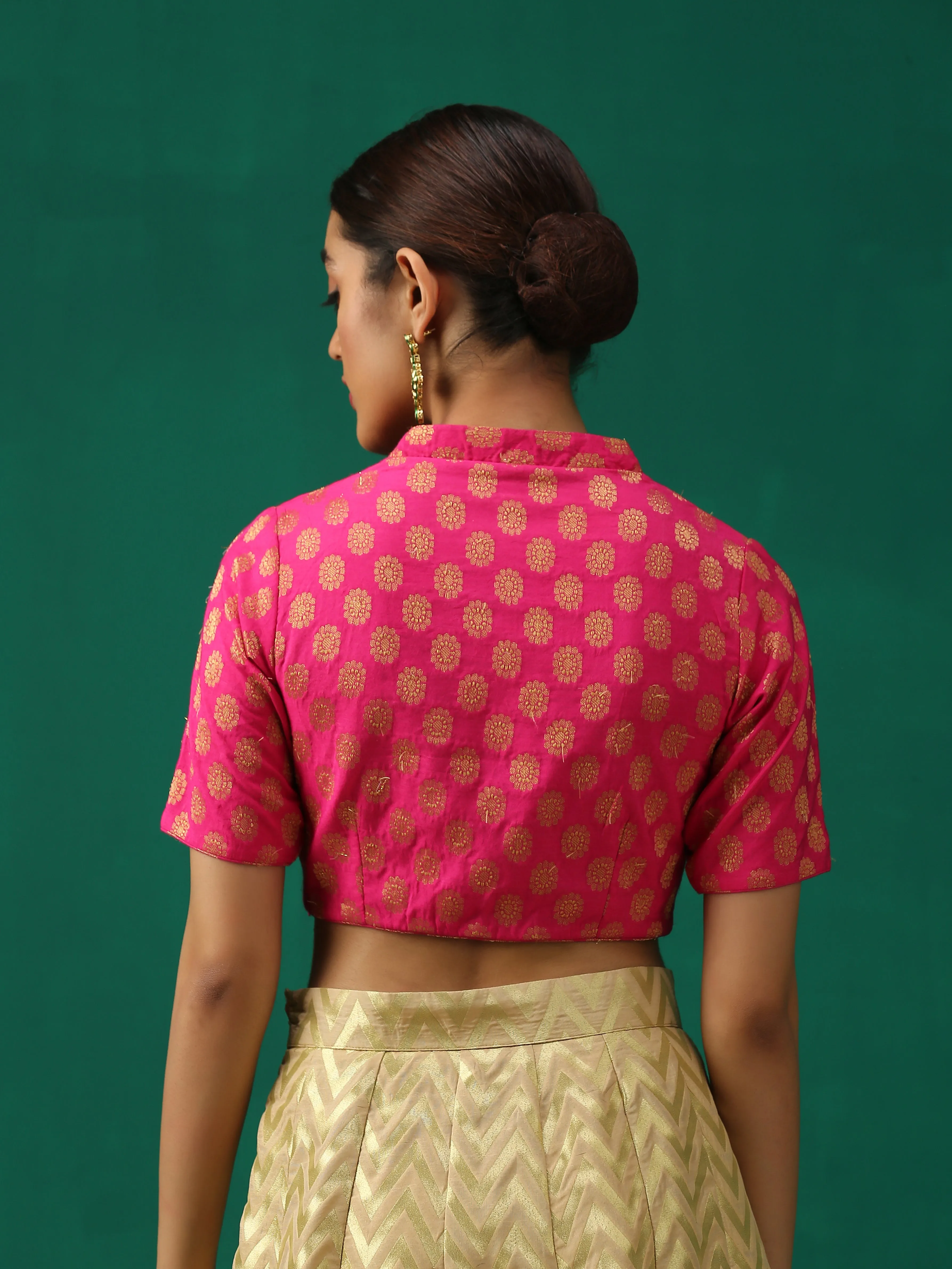 Pink Elegance Brocade Blouse with Elastic Loops