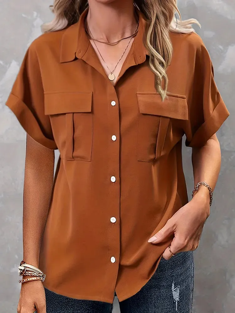 Plus Size Casual Short Sleeve Buttons With Flap Pockets Blouse