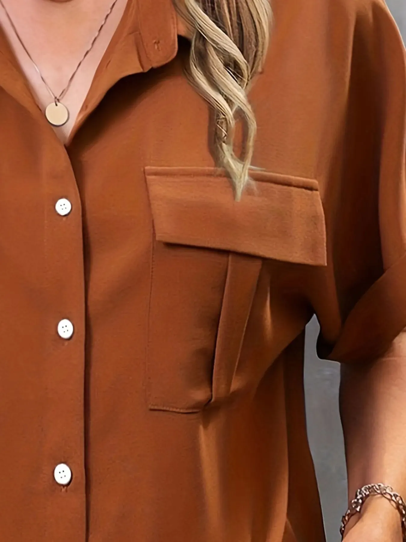 Plus Size Casual Short Sleeve Buttons With Flap Pockets Blouse
