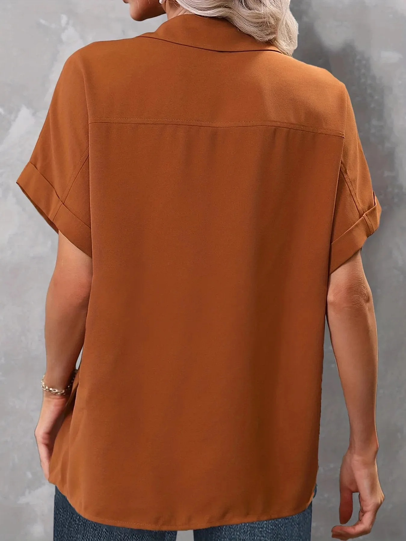 Plus Size Casual Short Sleeve Buttons With Flap Pockets Blouse