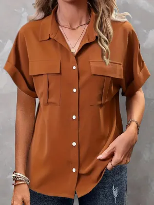 Plus Size Casual Short Sleeve Buttons With Flap Pockets Blouse