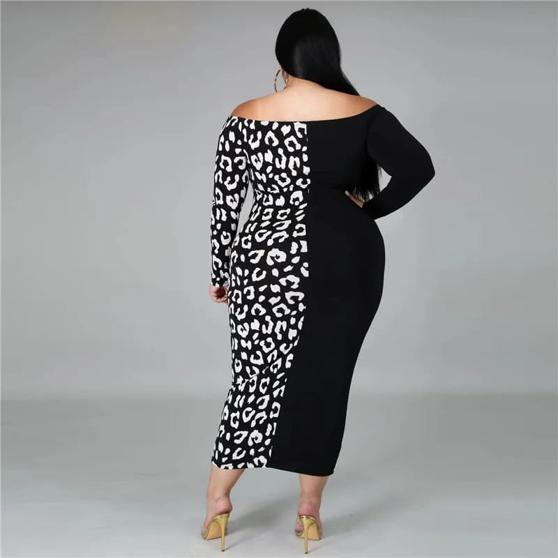 Plus Size Off Shoulder Color Block Bodycon Dress - Long Sleeves, Slim Fit - Polyester/Fiber Blend