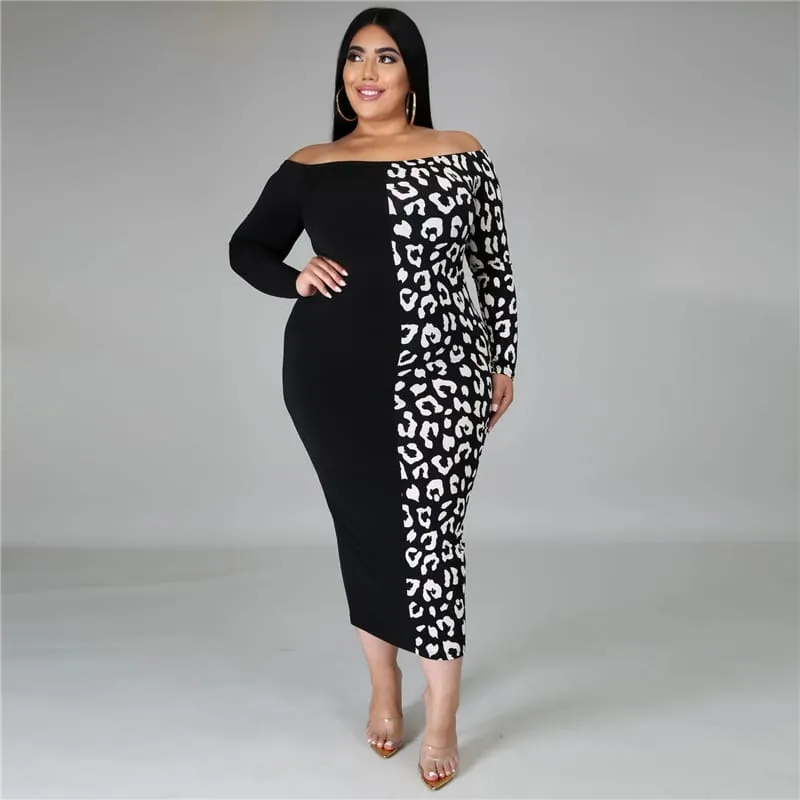 Plus Size Off Shoulder Color Block Bodycon Dress - Long Sleeves, Slim Fit - Polyester/Fiber Blend