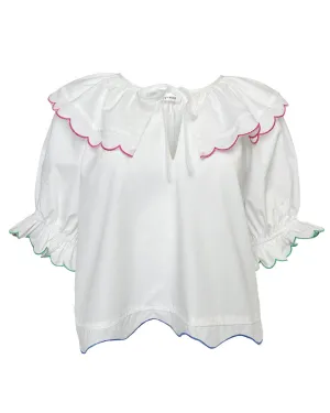 Poplin Top With Multi Colored Scallop Edges in White