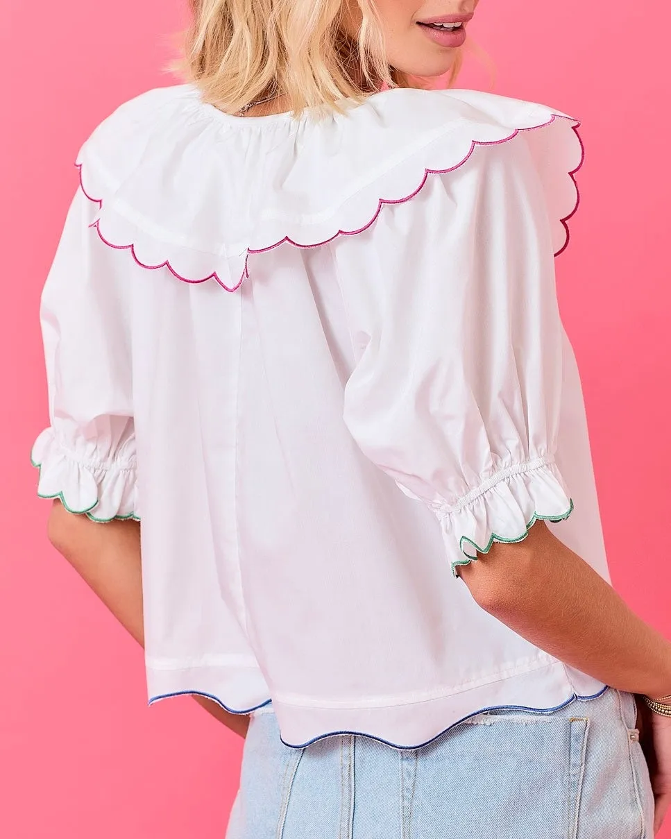 Poplin Top With Multi Colored Scallop Edges in White