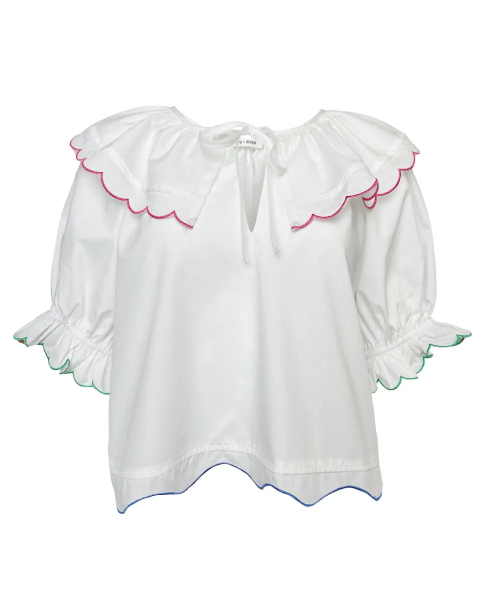 Poplin Top With Multi Colored Scallop Edges in White