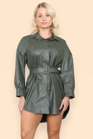 PU Faux Leather Belted Wet Look Shirt Dress