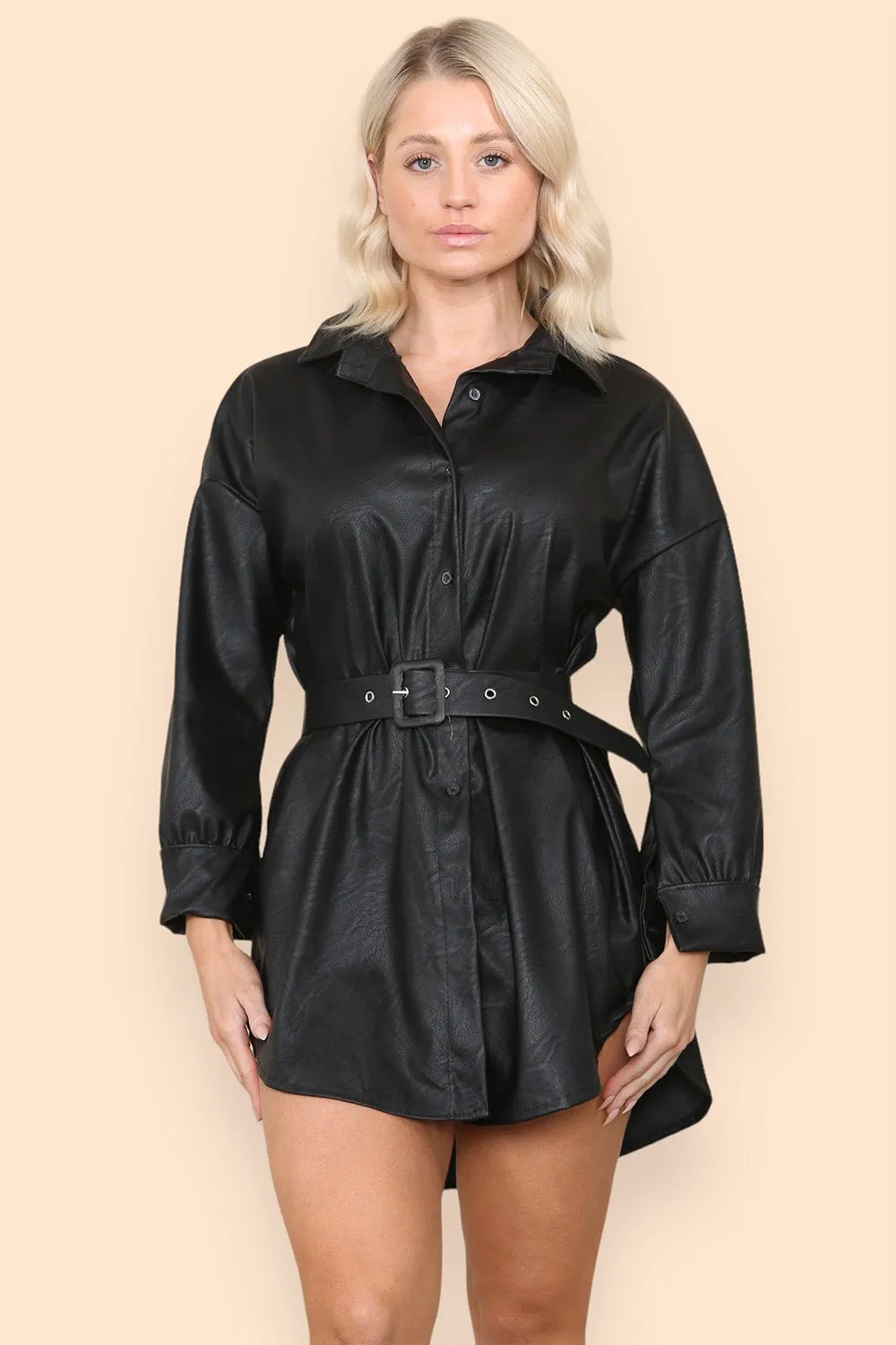 PU Faux Leather Belted Wet Look Shirt Dress