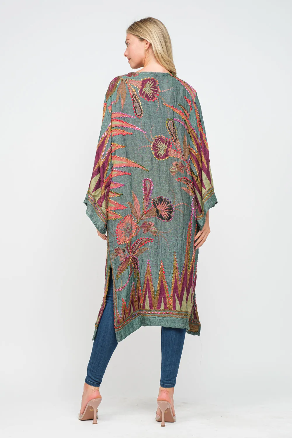 RAJ MEGHAN HUNTER GREEN THICK STITCH EMBROIDERED DUSTER