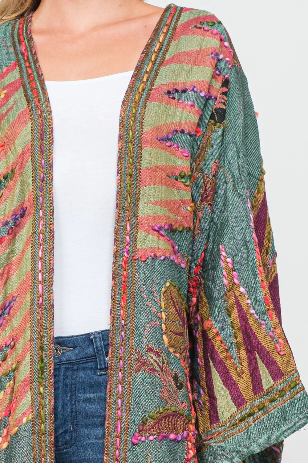 RAJ MEGHAN HUNTER GREEN THICK STITCH EMBROIDERED DUSTER