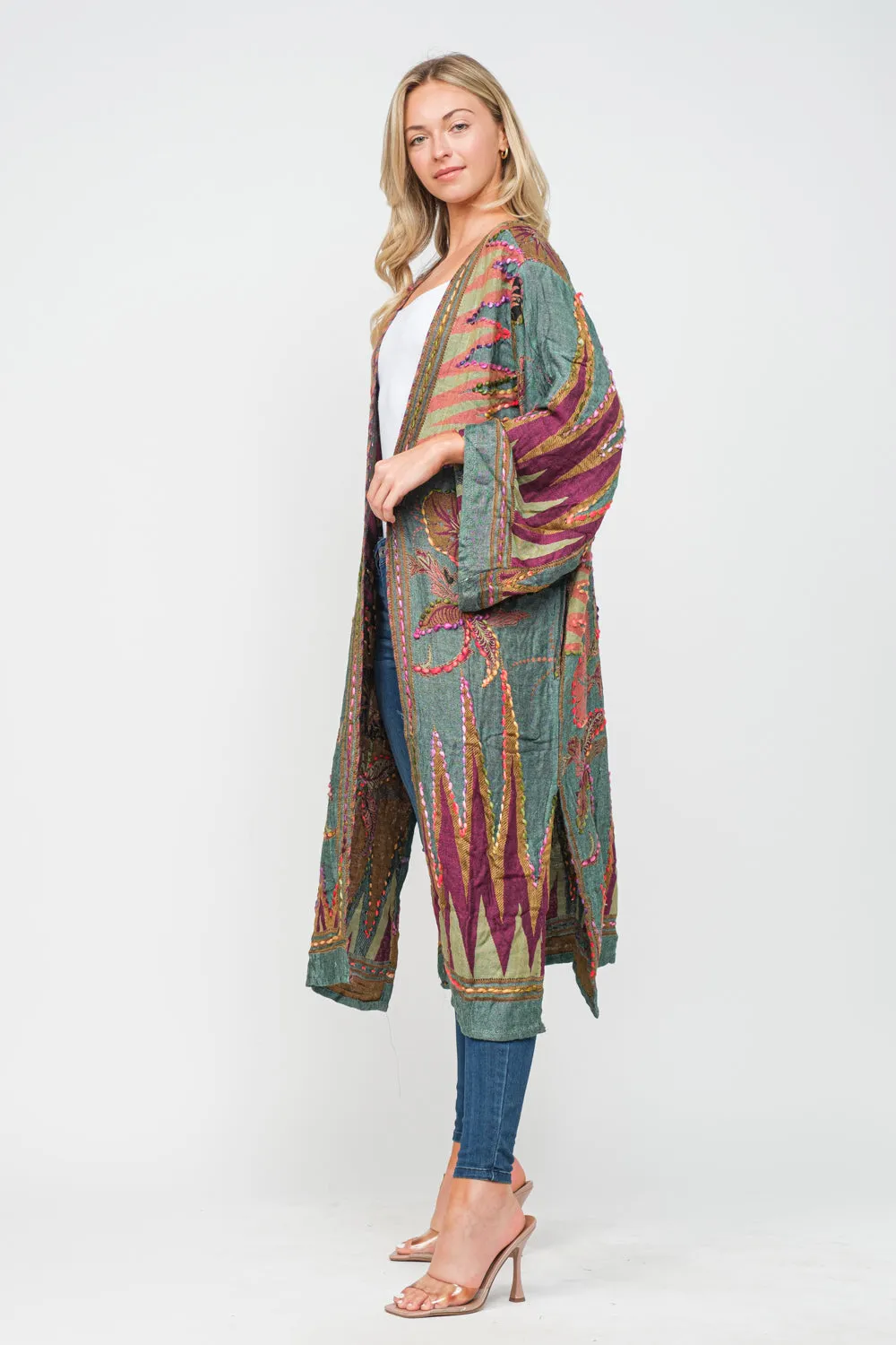 RAJ MEGHAN HUNTER GREEN THICK STITCH EMBROIDERED DUSTER
