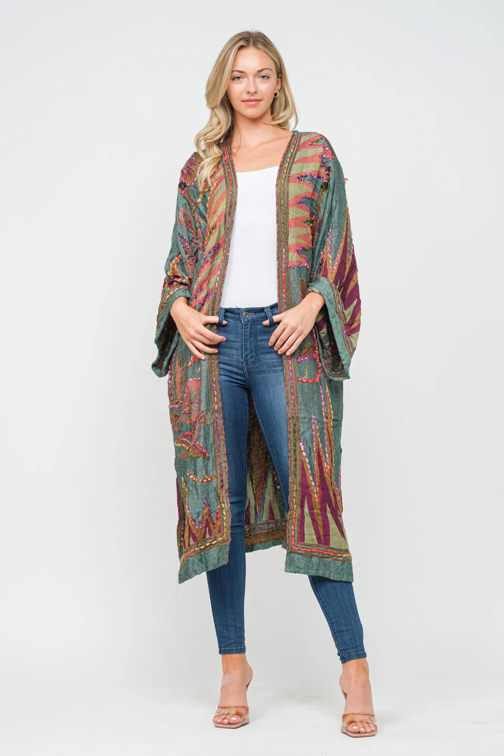 RAJ MEGHAN HUNTER GREEN THICK STITCH EMBROIDERED DUSTER