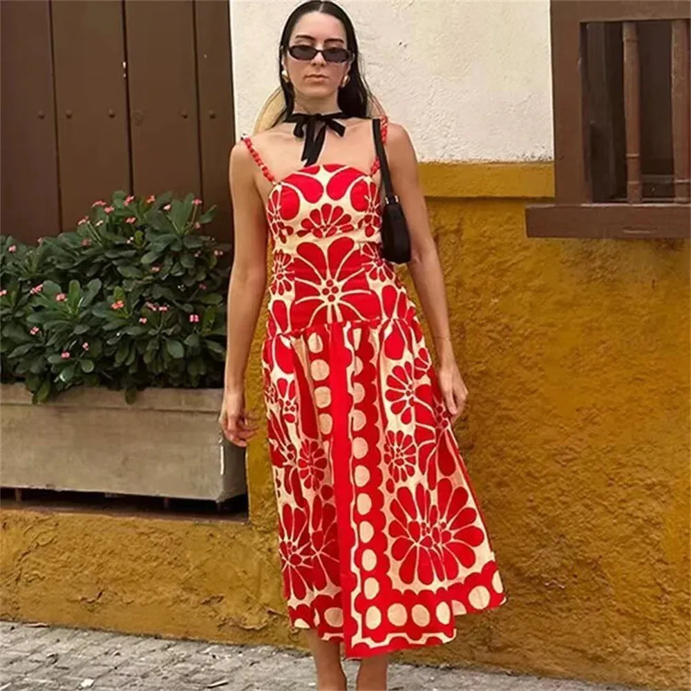 red Fashion Slim Fit Sexy Open Back V-Neck Printed Strap Long Dress