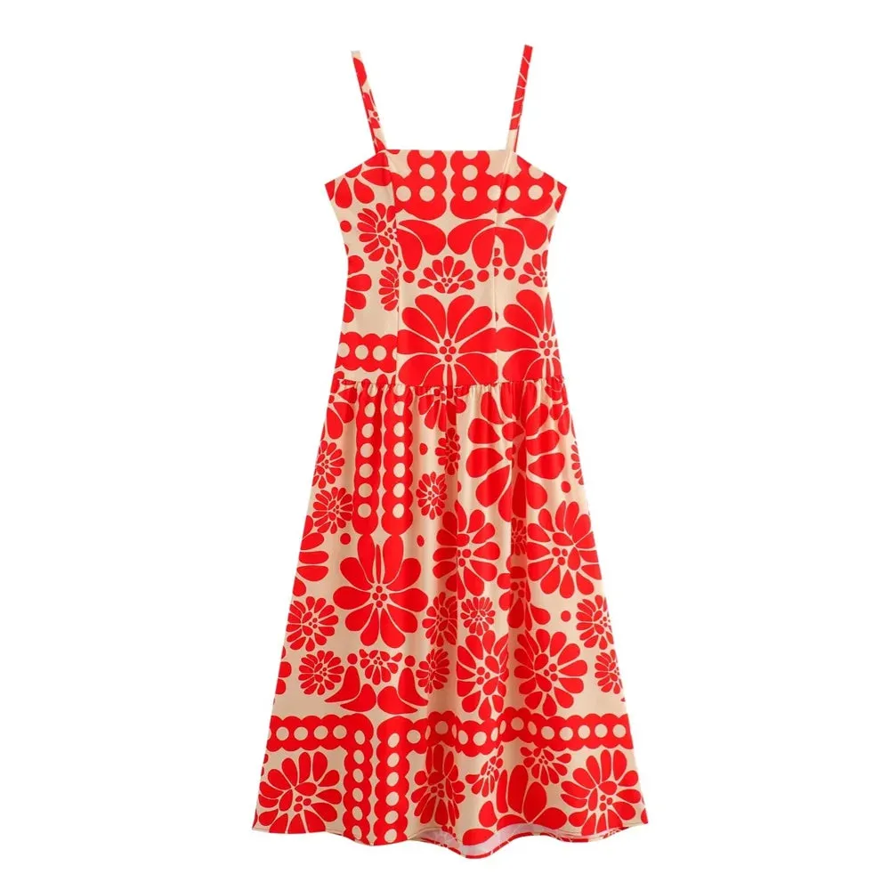 red Fashion Slim Fit Sexy Open Back V-Neck Printed Strap Long Dress