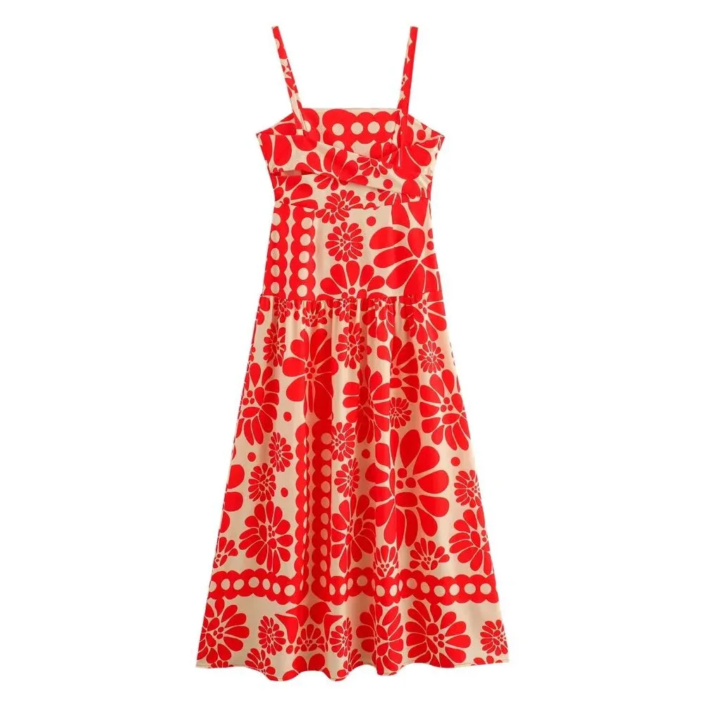 red Fashion Slim Fit Sexy Open Back V-Neck Printed Strap Long Dress