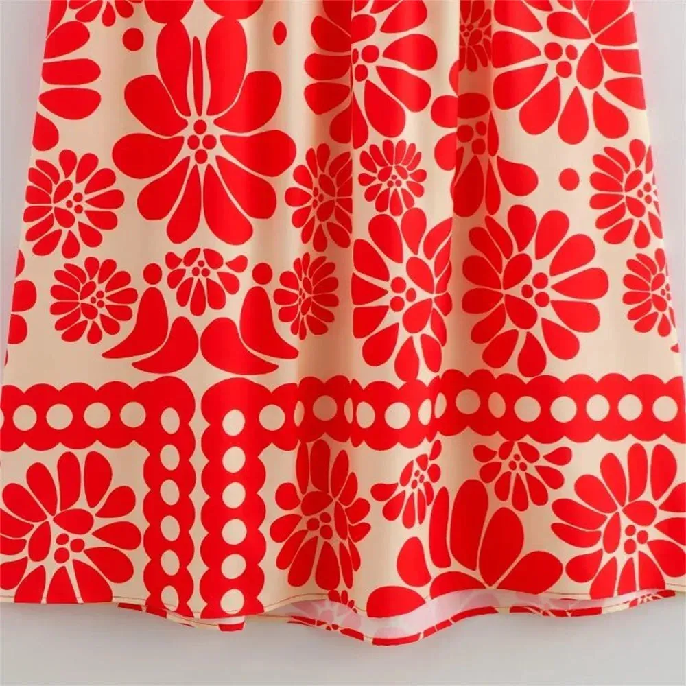 red Fashion Slim Fit Sexy Open Back V-Neck Printed Strap Long Dress