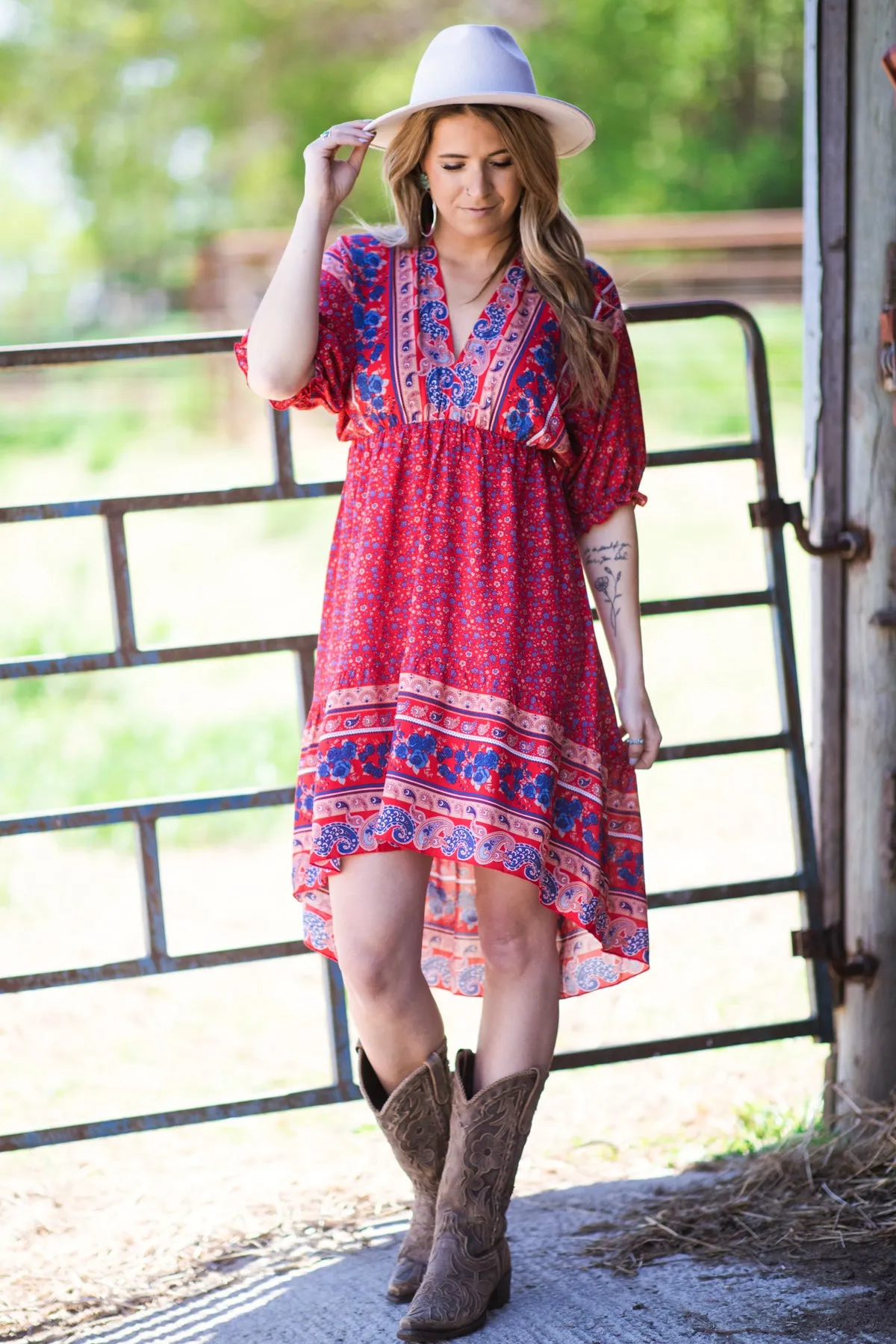 Red Multicolor Border Boho Print Dress