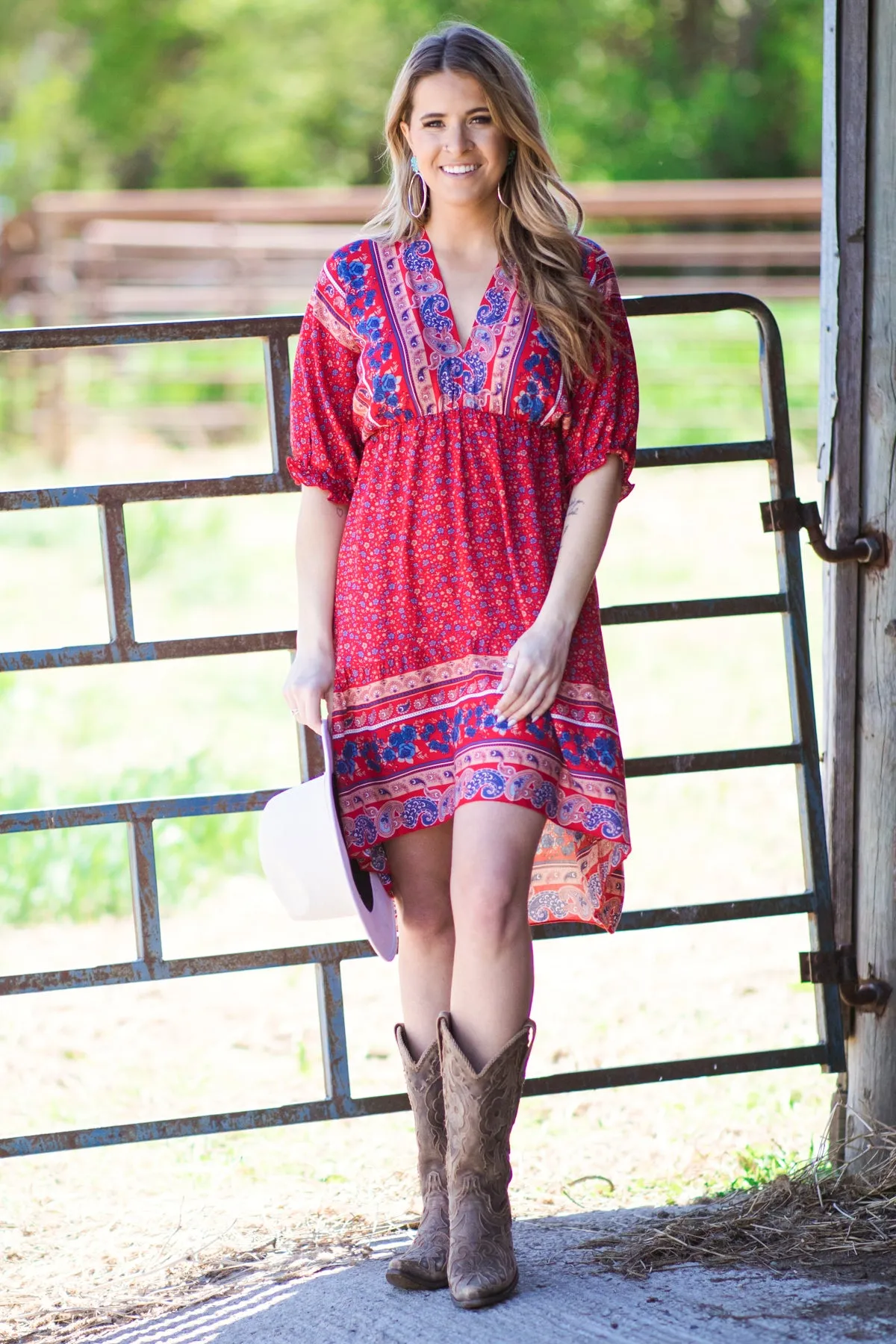 Red Multicolor Border Boho Print Dress