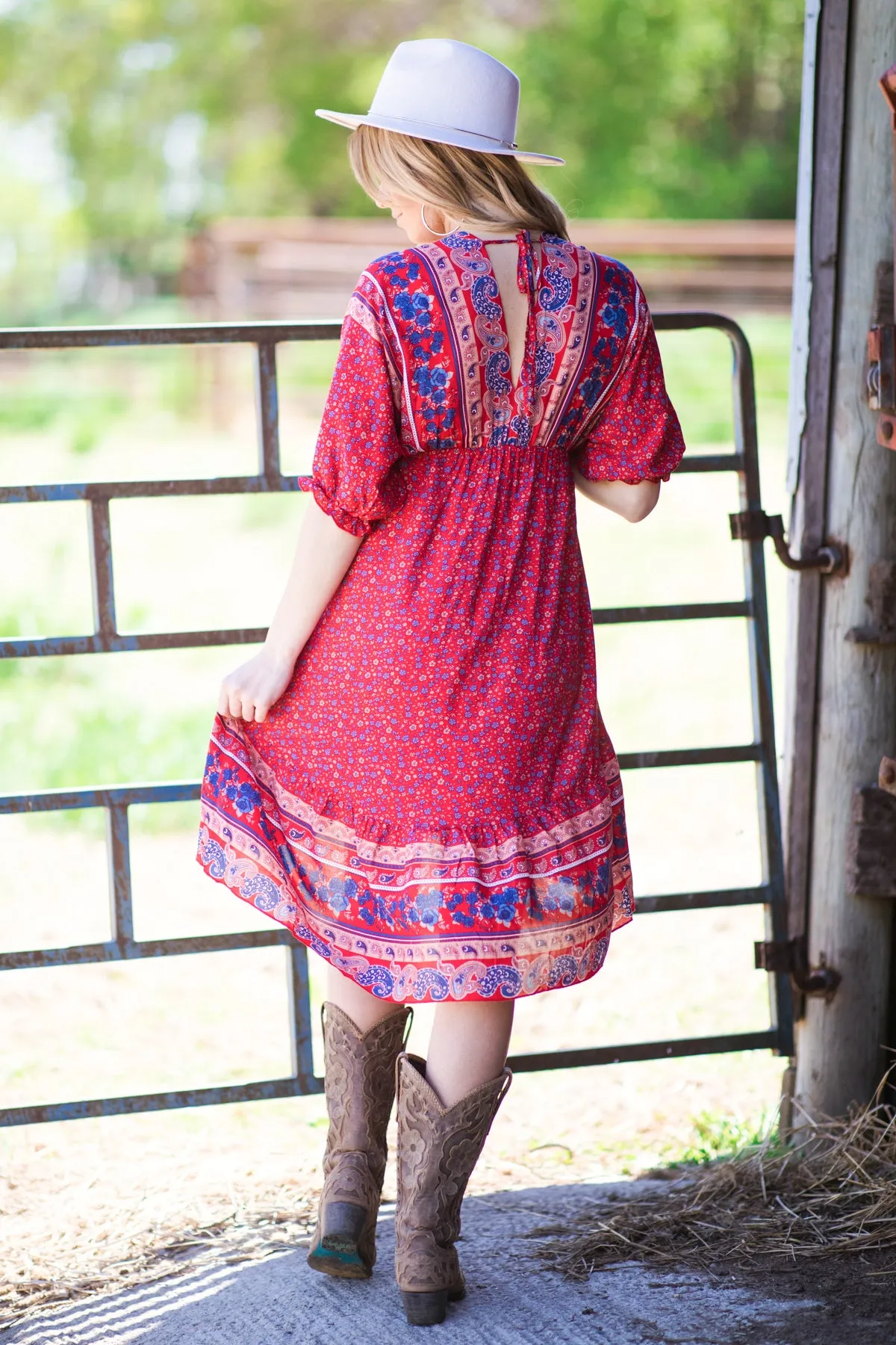 Red Multicolor Border Boho Print Dress