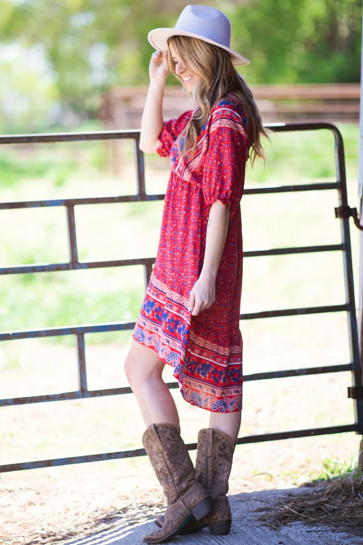 Red Multicolor Border Boho Print Dress