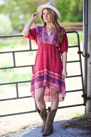 Red Multicolor Border Boho Print Dress