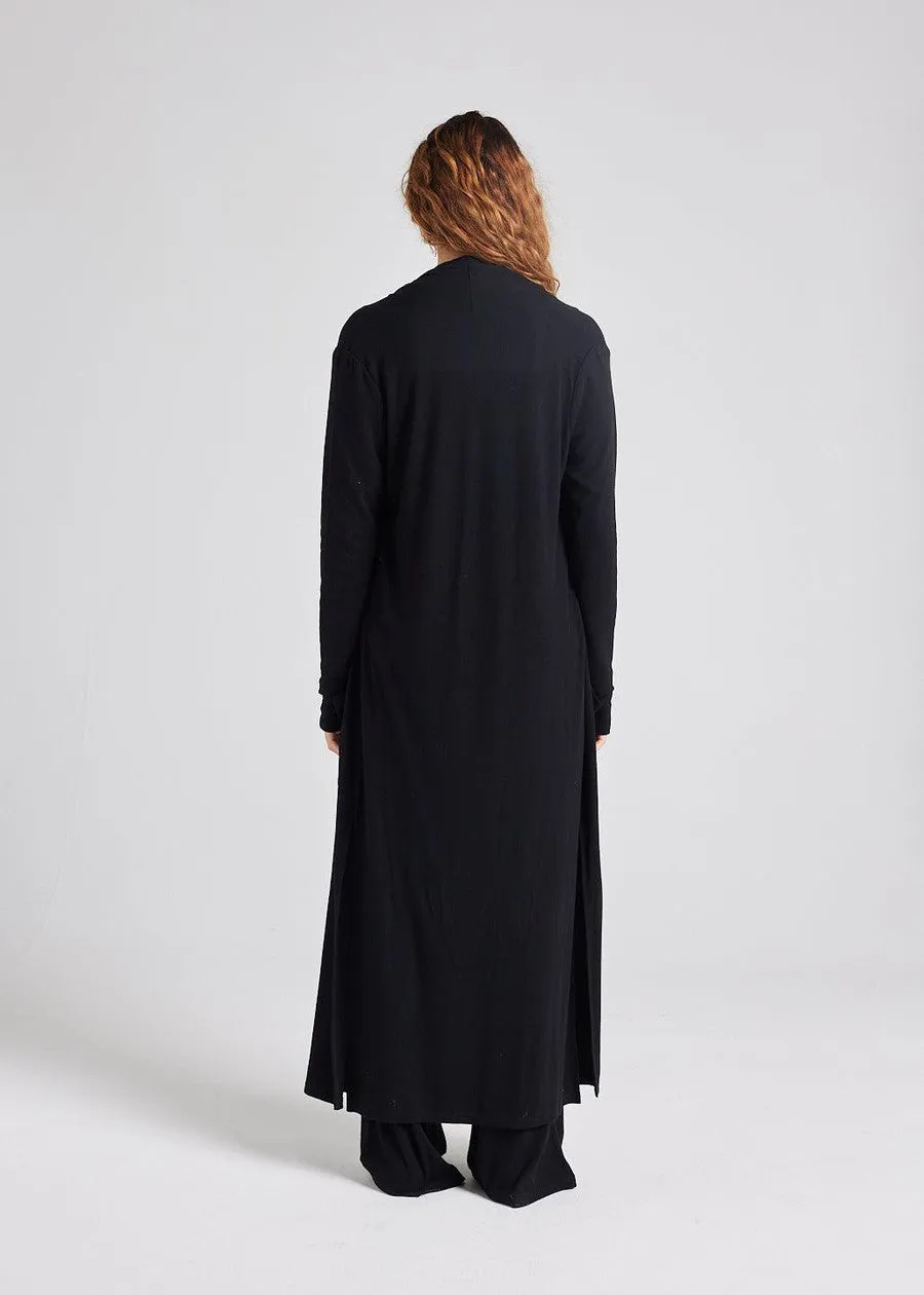 Ribbed Bamboo Long-Line Pocket Cardigan - Black