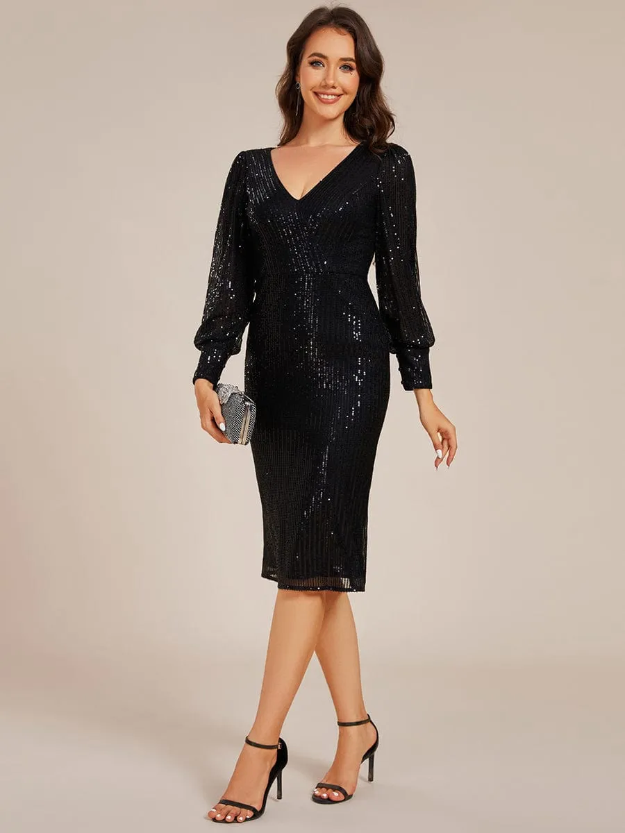 Robe d'invitée de mariage mi-longue moulante à manches longues et col en V à sequins