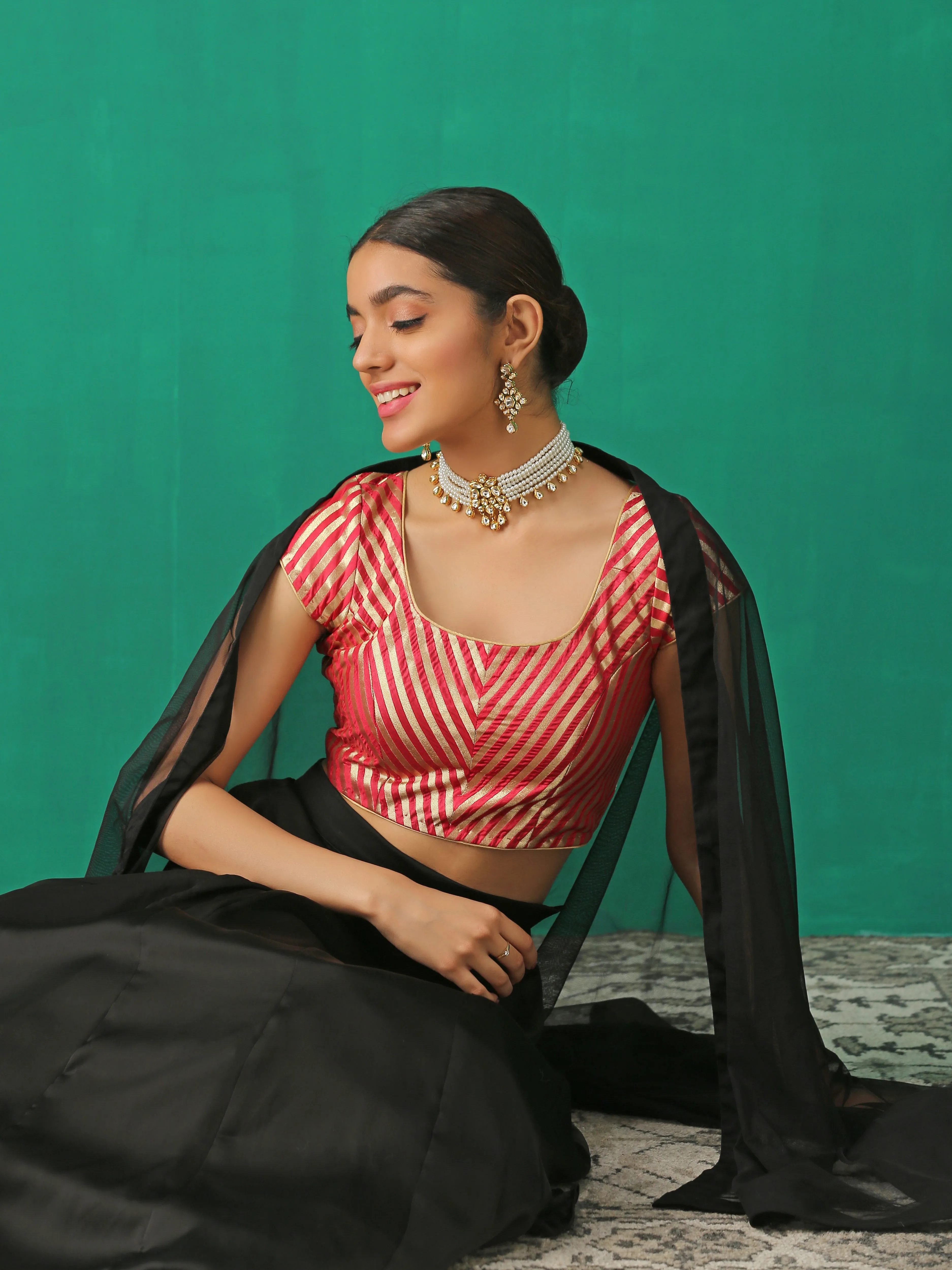 Royal Red Banarasi Diagonal Stripes Blouse