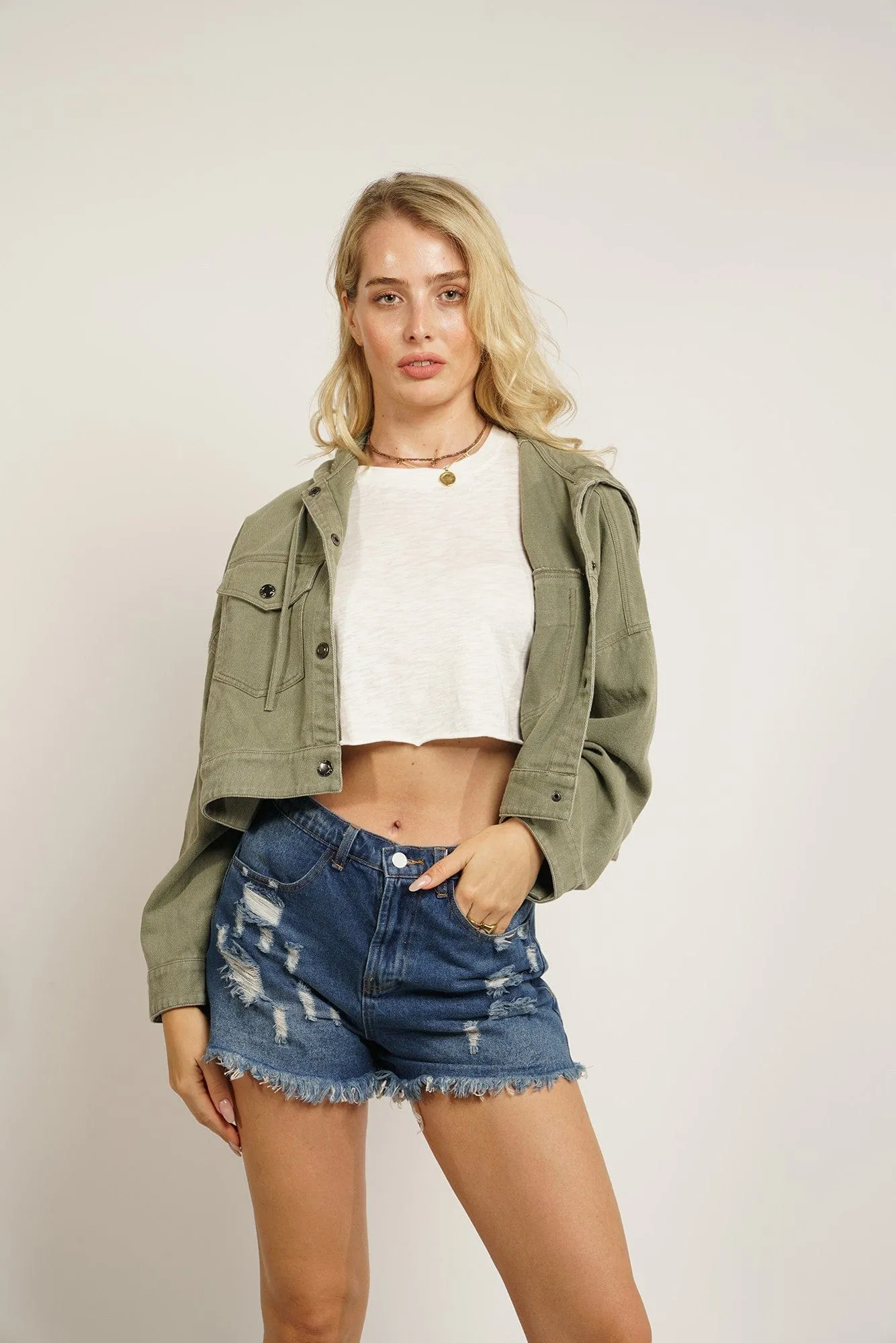 SALE- Greta Cropped   Hooded Denim Jacket